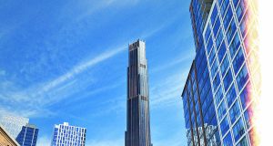 Photograph of Brooklyn Tower, taken near Goodwill on Bond Street.